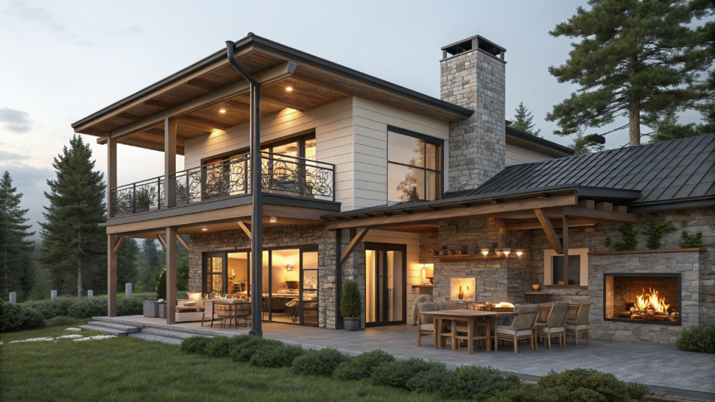 Casa rústica moderna com varanda gourmet e lareira une conforto térmico e convivência familiar
