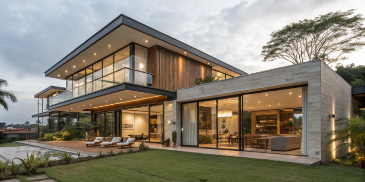Casa térrea com varanda conectando sala e cozinha, piscina e paisagismo simples funcional