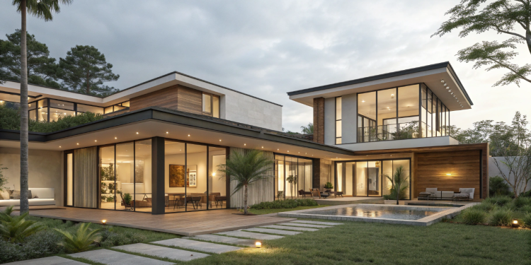 Casa em L de 128 metros quadrados combina conforto, quintal protegido e integração social para famílias modernas