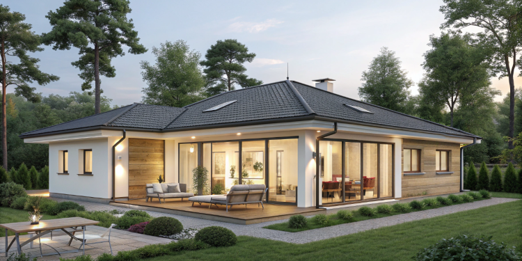 Planta de casa térrea em U 132 metros quadrados com suíte, lazer integrado e pátio central para rotina prática