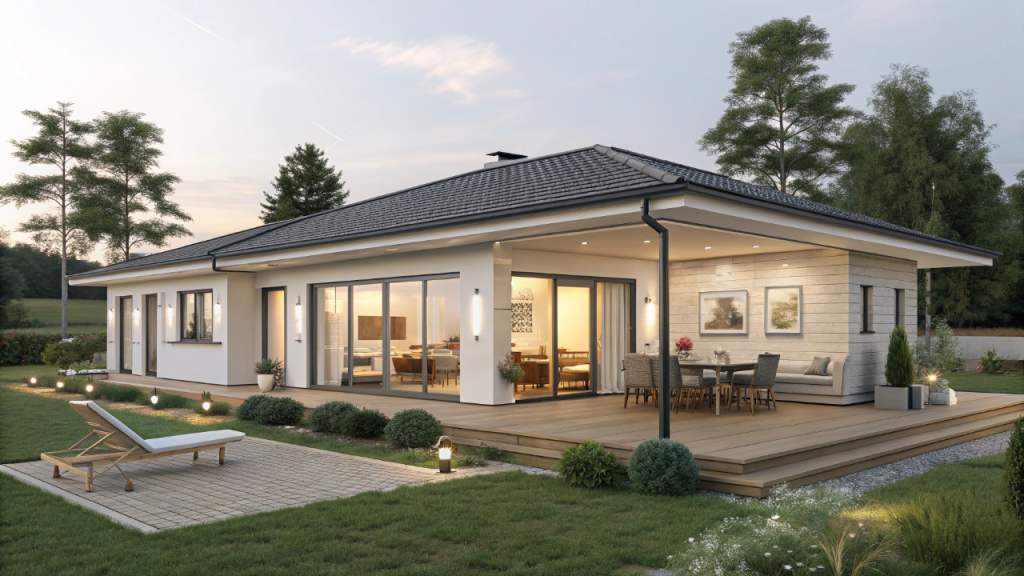 Planta de casa térrea em U 132 metros quadrados com suíte, lazer integrado e pátio central para rotina prática