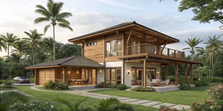 Projeto de casa tropical sustentável com ventilação cruzada e integração total com a natureza