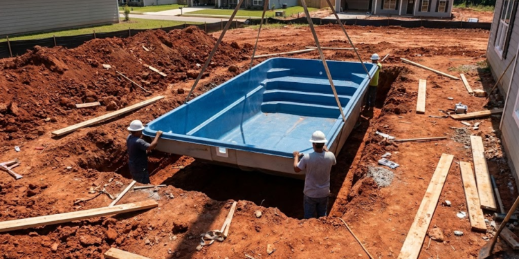 Construção de uma piscina de tamanho médio para diversão e lazer em dias quentes