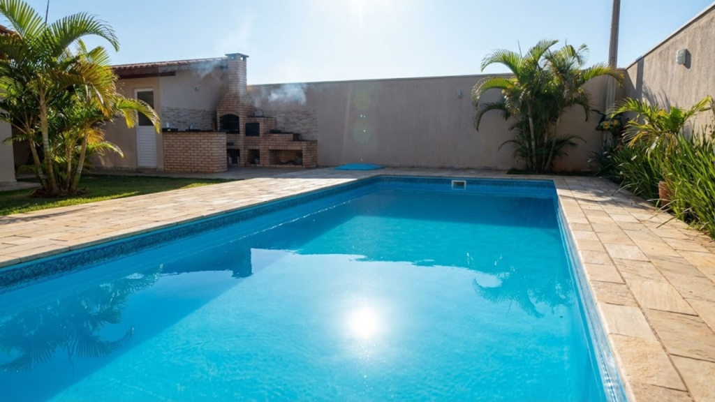 Construção de uma piscina de tamanho médio para diversão e lazer em dias quentes