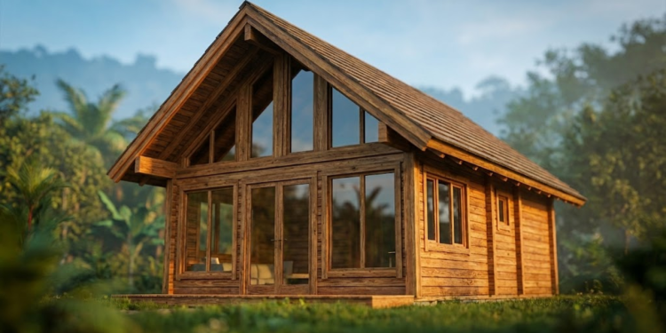 Casa de verão rústica pronta sob luz dourada em meio à natureza.