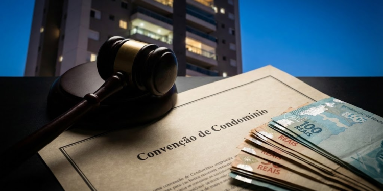 Close cinematográfico de um martelo de juiz sobre um documento de condomínio e notas de reais, com um prédio ao fundo.