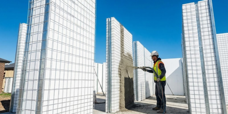 Canteiro de obras limpo mostrando paredes de EPS branco com malha de aço sendo cobertas por argamassa projetada.