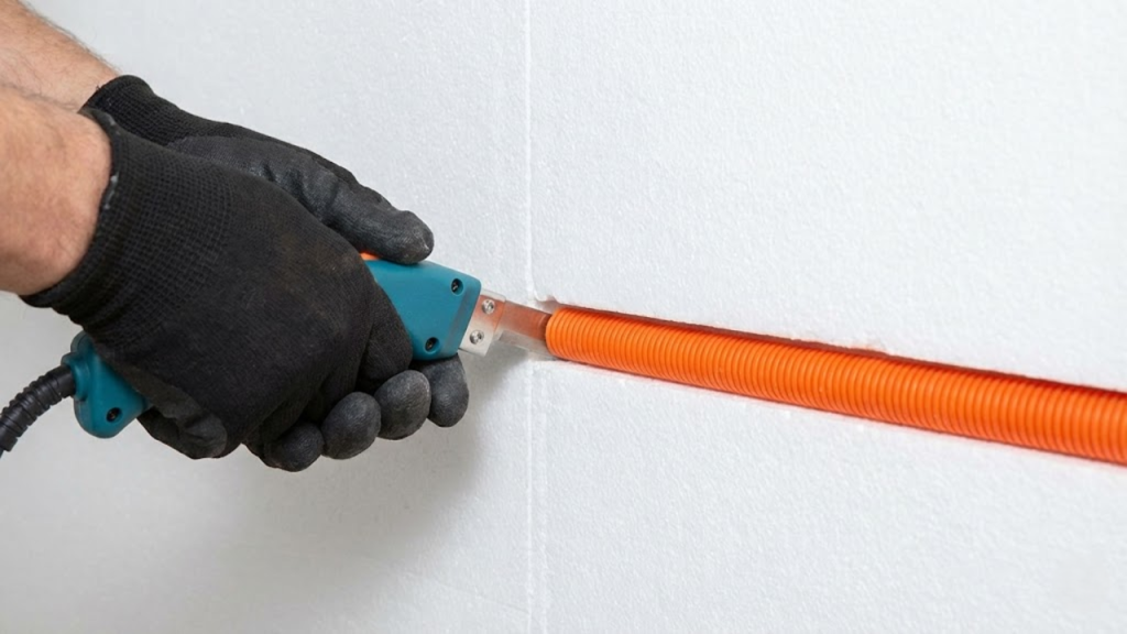Close de uma ferramenta de corte térmico abrindo um canal limpo no isopor para passar a tubulação elétrica, sem entulho.
