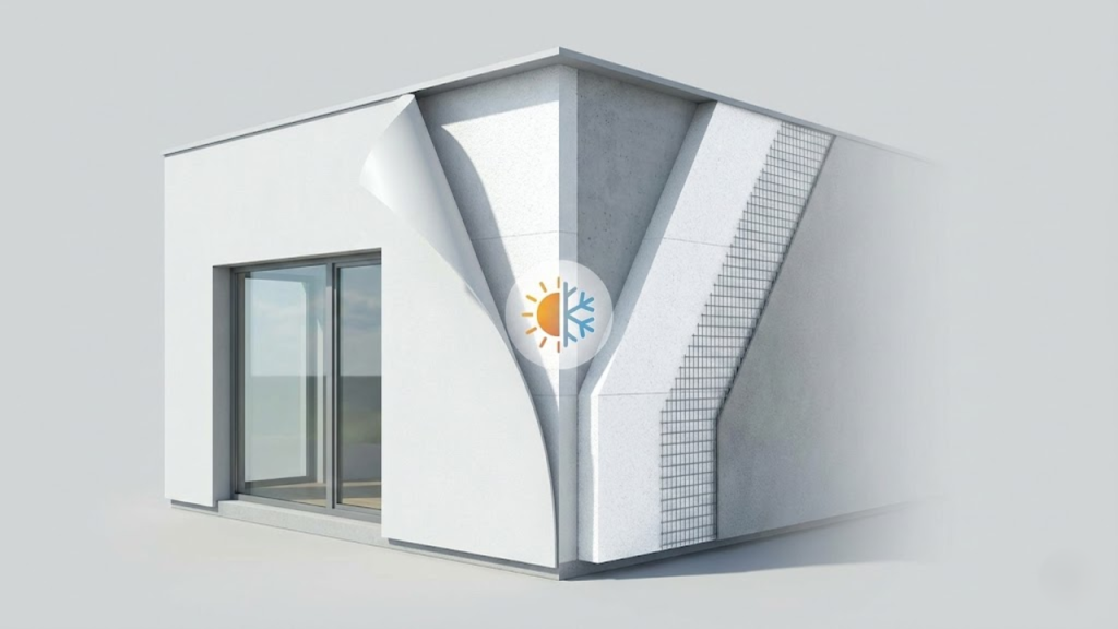 Visualização em corte de uma casa moderna: metade com acabamento final e metade revelando a estrutura interna de EPS e malha de aço.