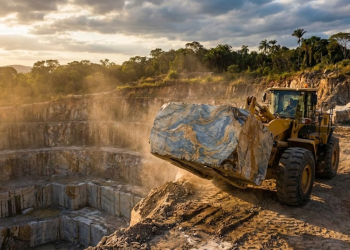Uma pá carregadeira move um bloco gigante de rocha exótica em uma pedreira ao pôr do sol no Espírito Santo.