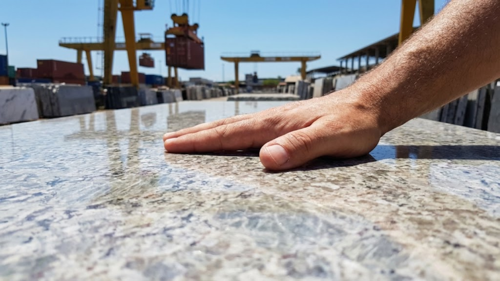 Close-up de uma mão verificando a superfície polida de uma chapa de granito em um pátio de exportação movimentado.