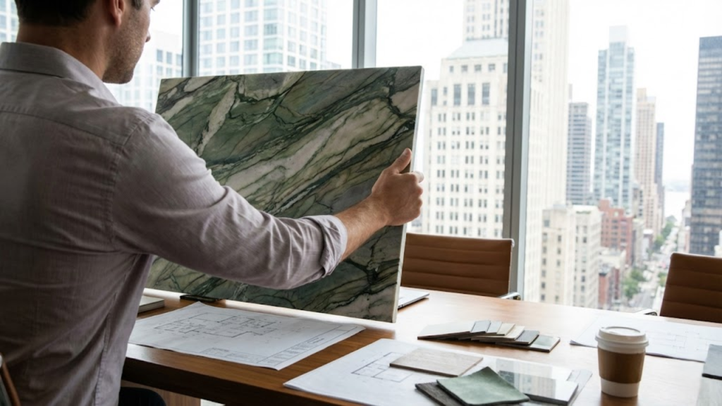 Um arquiteto em um escritório de luxo nos EUA examina uma amostra de quartzito exótico brasileiro, com um skyline urbano ao fundo.