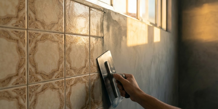 Uma foto "antes e depois" na mesma cena: uma mão aplicando massa cimento queimado sobre azulejos antigos de cozinha, com luz dourada do sol