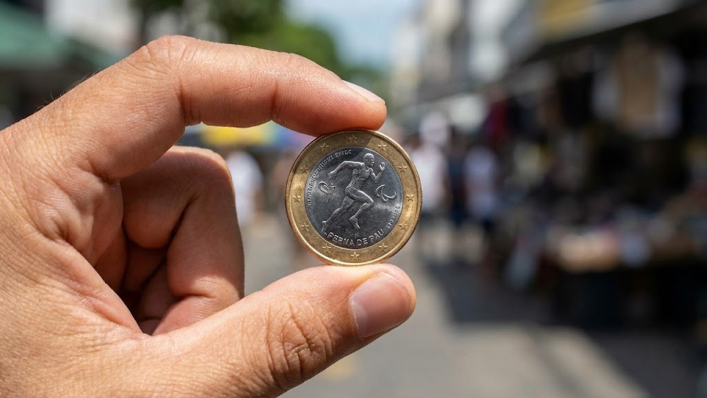 Ponto de vista (POV) de uma mão segurando a moeda 'Perna de Pau' contra a luz do sol, simulando uma descoberta no troco