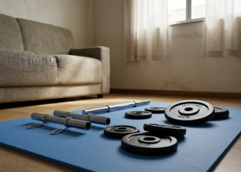 Kit básico de musculação com barras ocas, presilhas e anilhas de ferro preto sobre um colchonete azul na sala