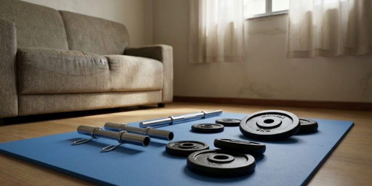 Kit básico de musculação com barras ocas, presilhas e anilhas de ferro preto sobre um colchonete azul na sala
