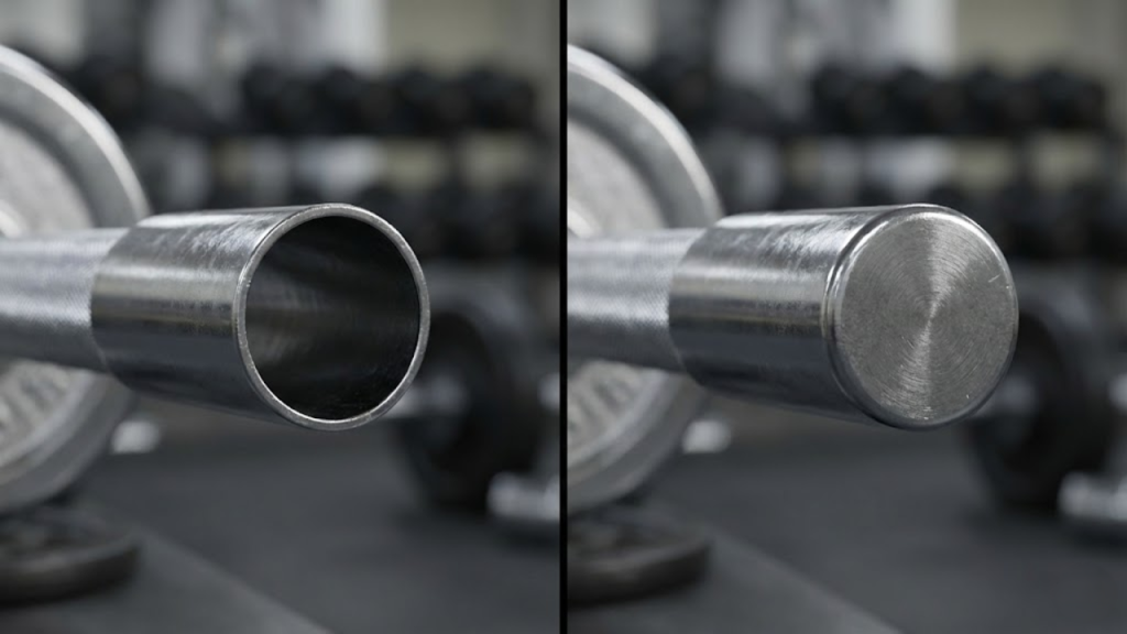 Macro comparativo lado a lado: o corte transversal de um tubo fino (barra oca) versus o núcleo de aço preenchido (barra maciça)