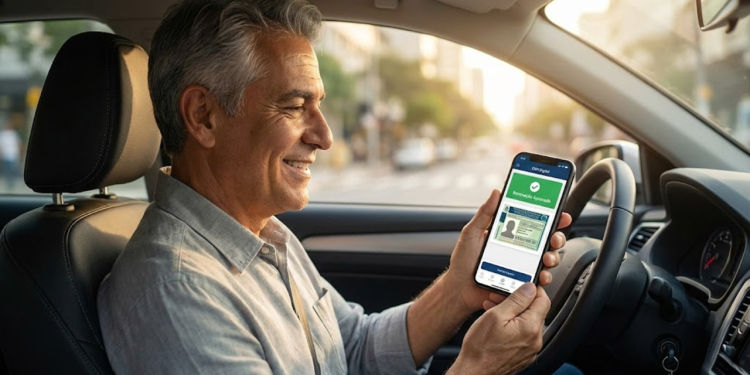 Senhor de 60 anos no carro, feliz ao ver a renovação da CNH aprovada no celular, demonstrando a facilidade digital