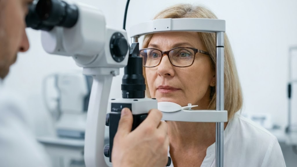 Close de uma mulher de 55 anos fazendo exame de vista em clínica, representando a etapa presencial obrigatória