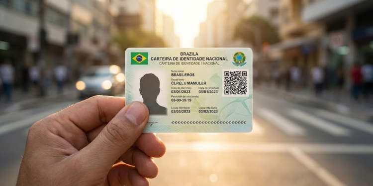 Mãos segurando o novo modelo de documento de identidade civil nacional unificado