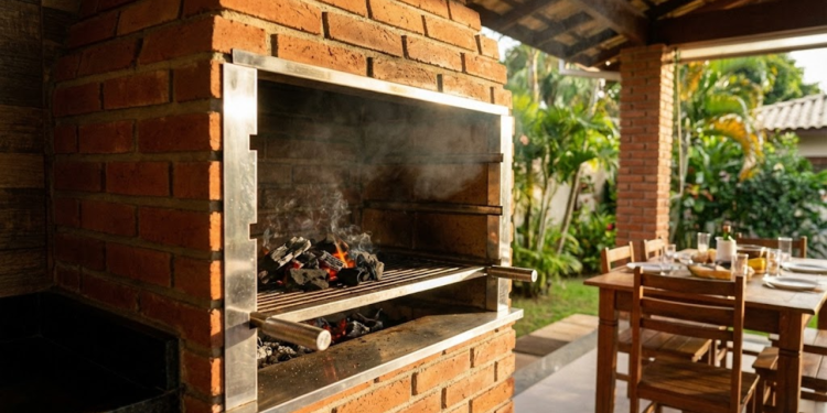Churrasqueira de tijolos sendo construída em área gourmet residencial