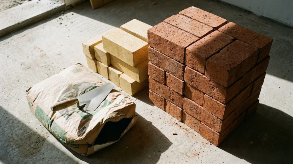 Churrasqueira de tijolos sendo construída em área gourmet residencial