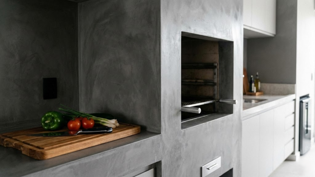 Churrasqueira de tijolos sendo construída em área gourmet residencial