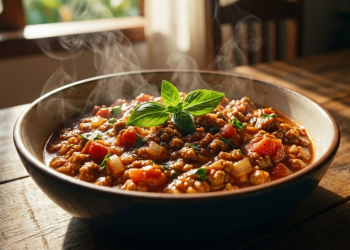 Prato suculento de molho à bolonhesa de soja em mesa ensolarada.