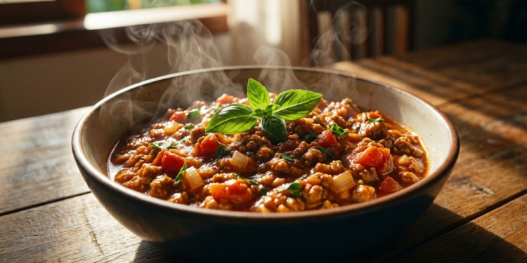 Prato suculento de molho à bolonhesa de soja em mesa ensolarada.