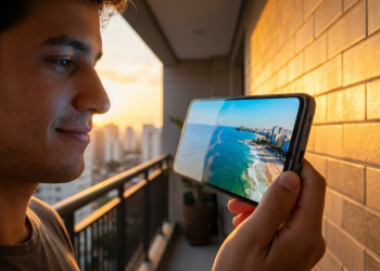 Moto G35 5G brilha em pôr do sol urbano, destacando tela Full HD+