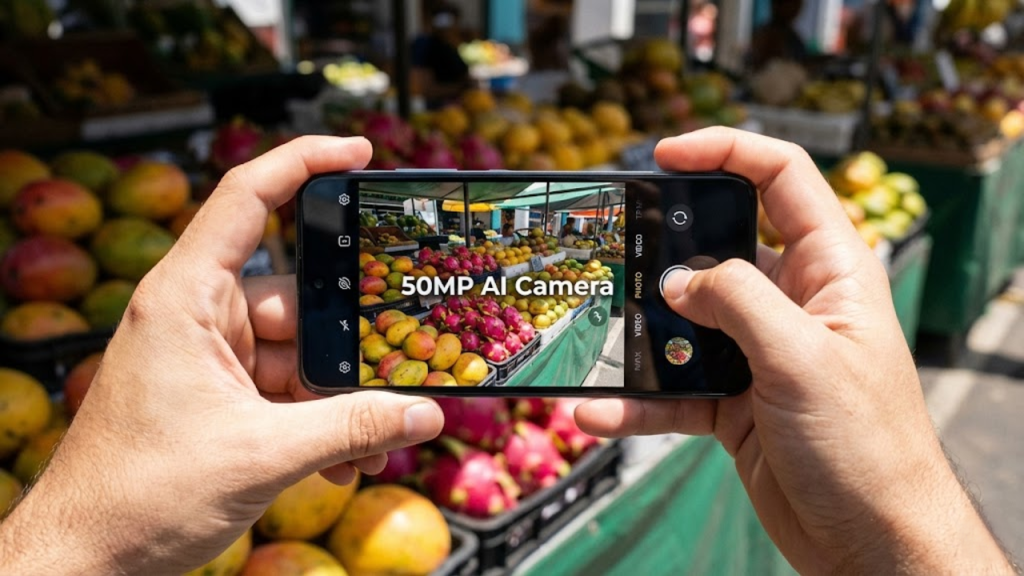 Câmera de 50MP do Moto G35 captura cores vivas em feira brasileira