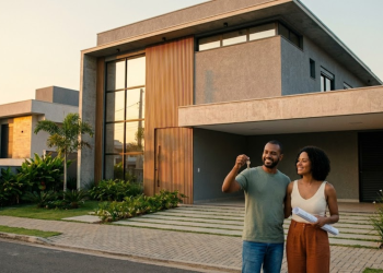 Casal brasileiro feliz em frente a um sobrado moderno recém-construído no pôr do sol
