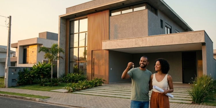 Casal brasileiro feliz em frente a um sobrado moderno recém-construído no pôr do sol