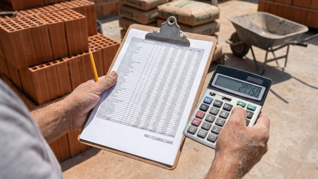 Visão em primeira pessoa de mãos calculando gastos no canteiro de obras com materiais ao fundo