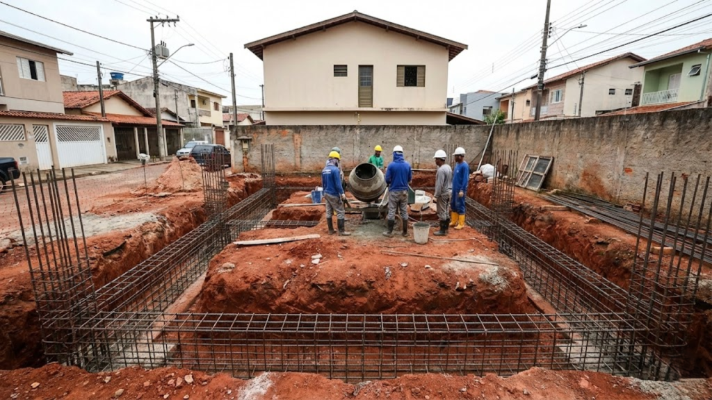 Canteiro de obras mostrando a fundação pesada e ferragens robustas de um sobrado sendo preparado