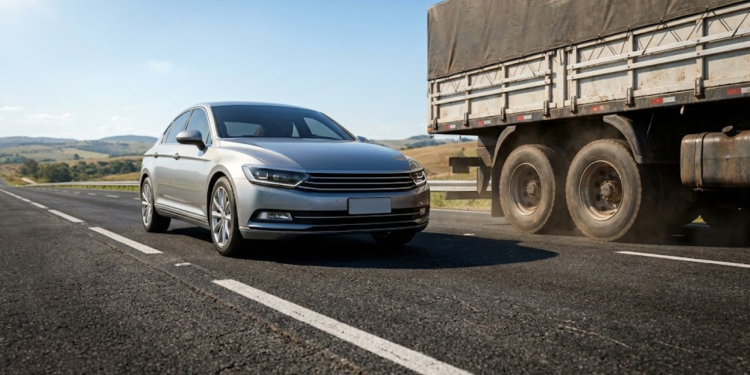 Carro realiza ultrapassagem correta pela esquerda em rodovia ensolarada