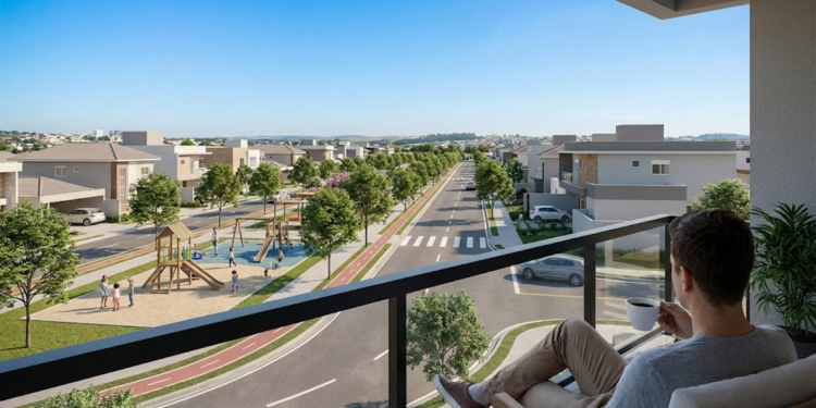 Vista de um bairro planejado e seguro a partir de uma varanda moderna