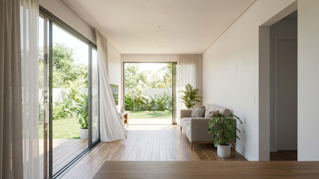 Interior fresco e ventilado de uma casa container bem decorada