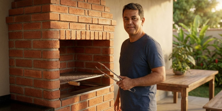 Homem orgulhoso ao lado de sua nova churrasqueira de tijolos
