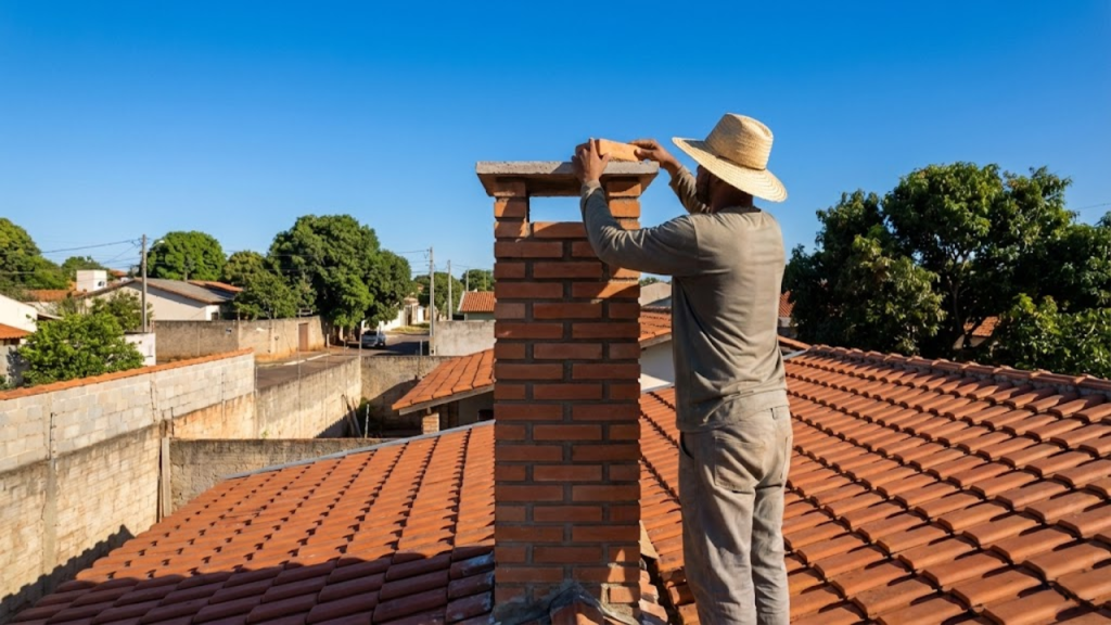 Pedreiro finalizando o duto da chaminé acima do telhado da casa