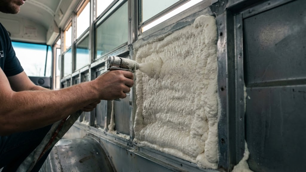 Mãos aplicando espuma de isolamento nas paredes metálicas de um ônibus em reforma