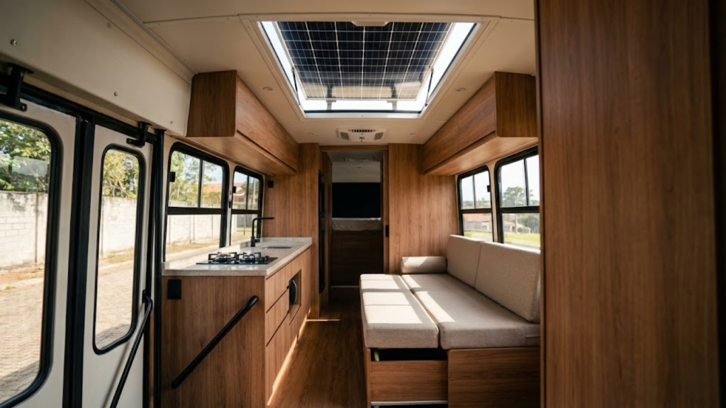 Interior de ônibus-casa convertido com marcenaria inteligente e painéis solares visíveis