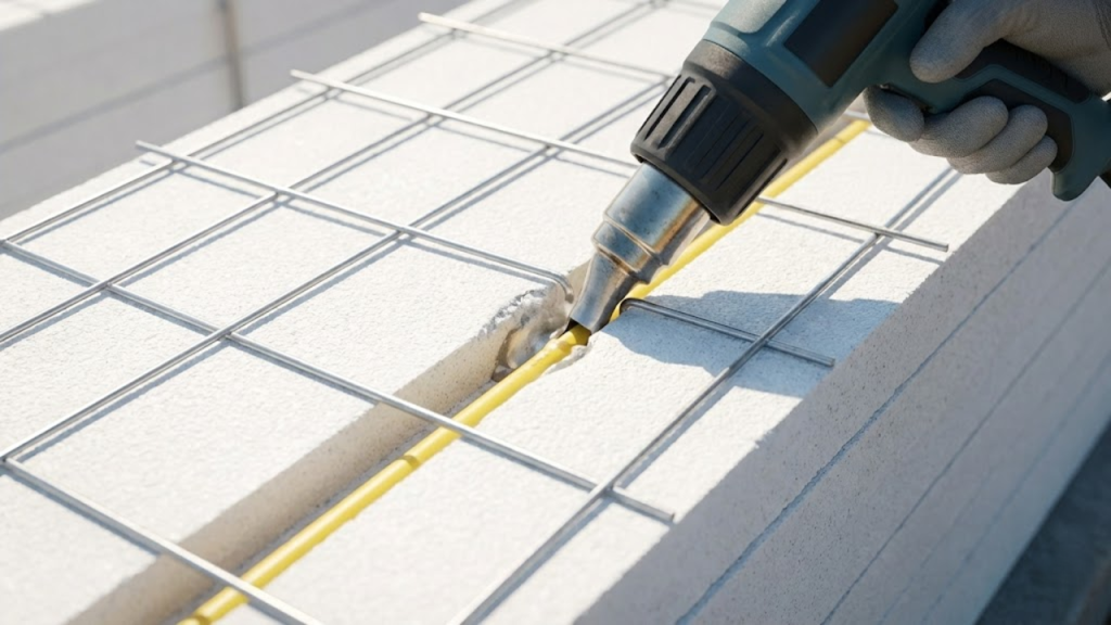 Especialista embutindo conduíte no isopor com soprador térmico.