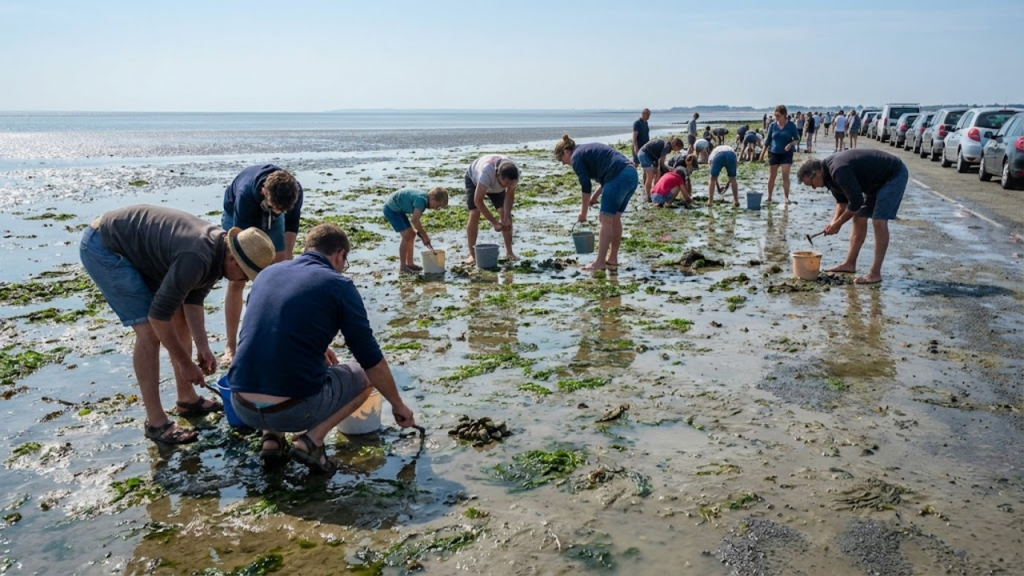 Pessoas colhendo mariscos na estrada molhada durante a maré baixa