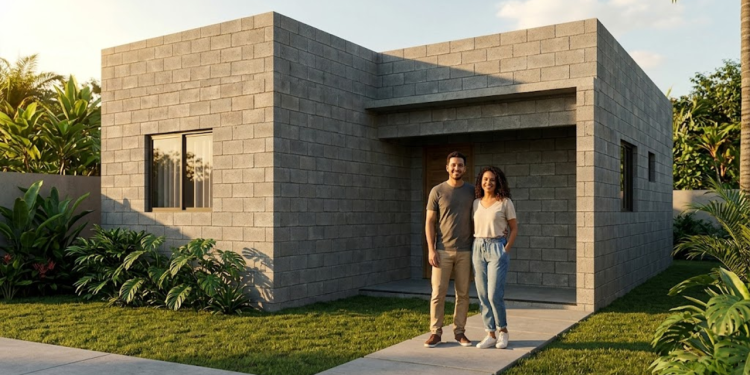 Casal sorridente e aliviado em frente a uma casa moderna feita de blocos de concreto aparentes.