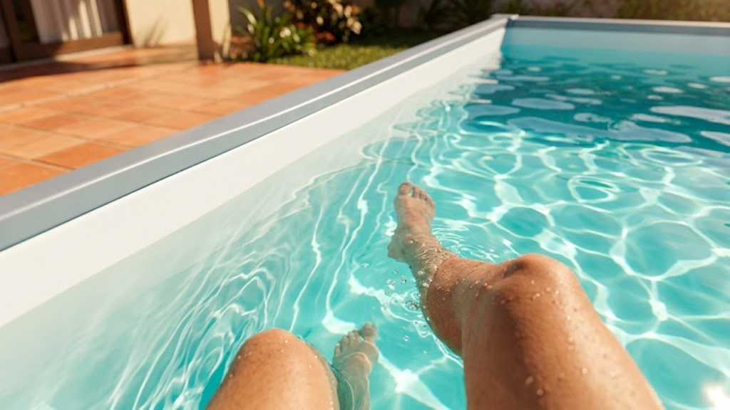 Visão em primeira pessoa entrando na água cristalina da piscina pronta.