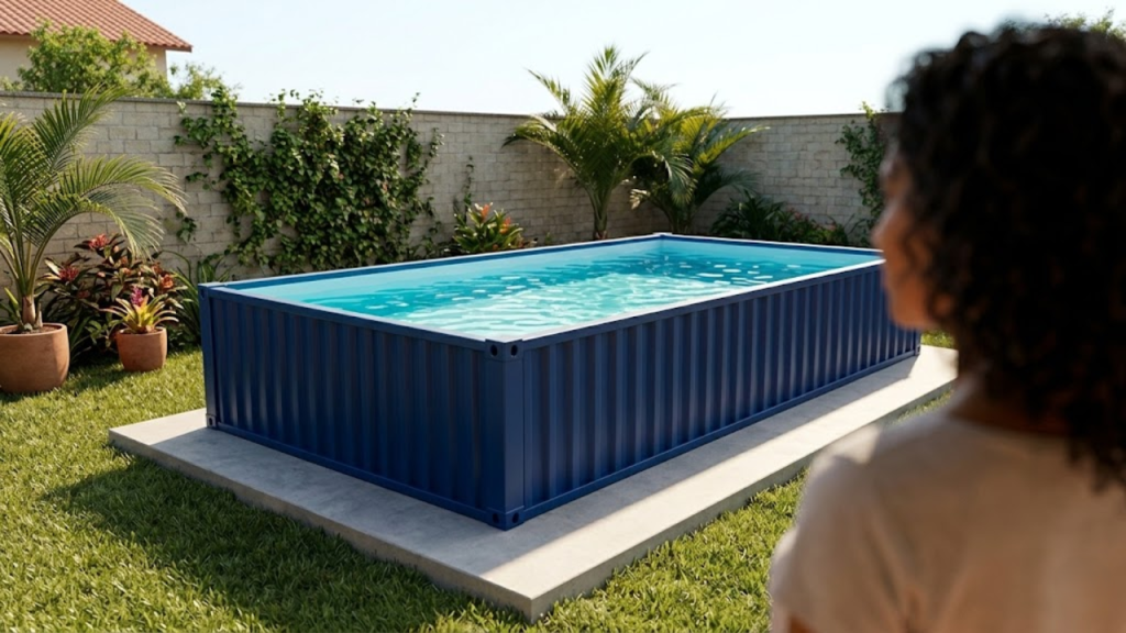 Mulher observa sua piscina de contêiner instalada e o quintal impecável.