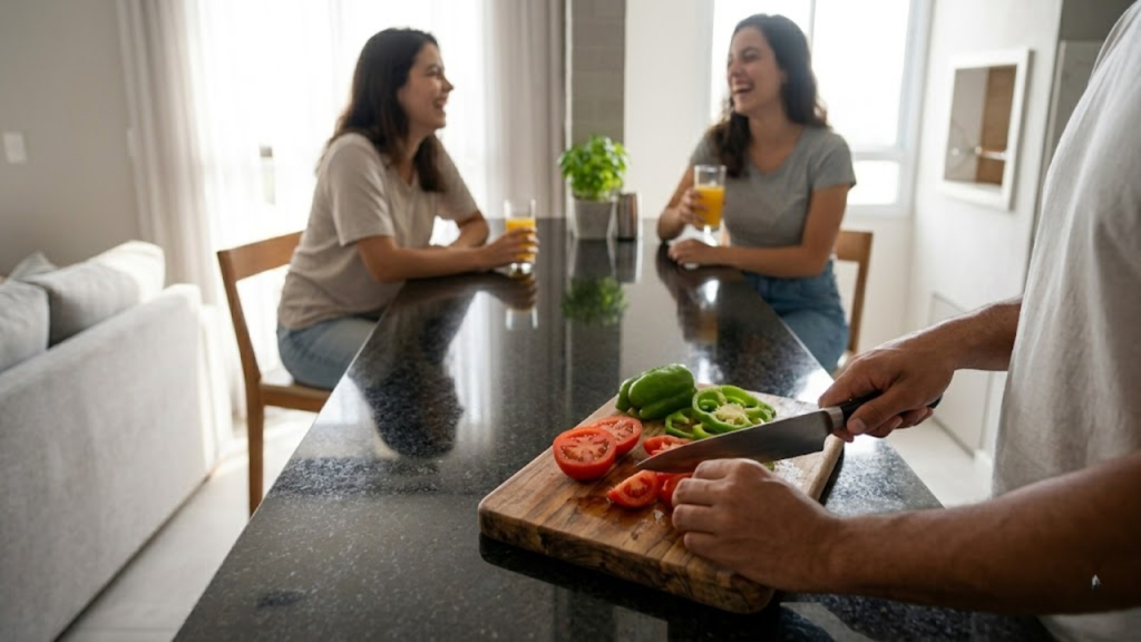 Visão de quem cozinha na península conversando com amigos próximos.