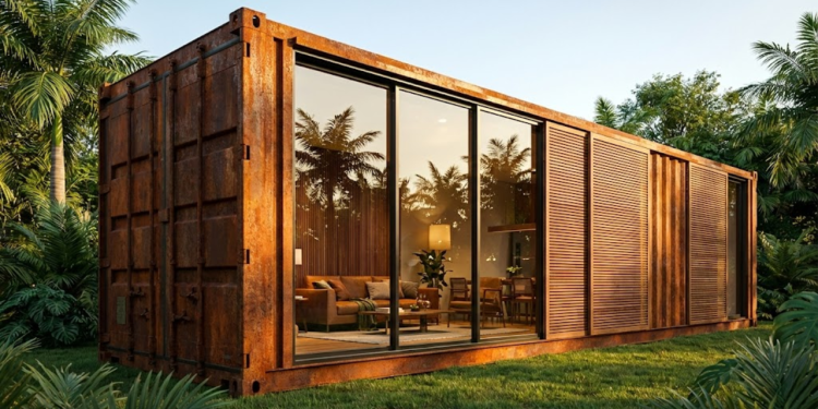 Mansão de contêiner com aço corten e vidros na luz do fim de tarde