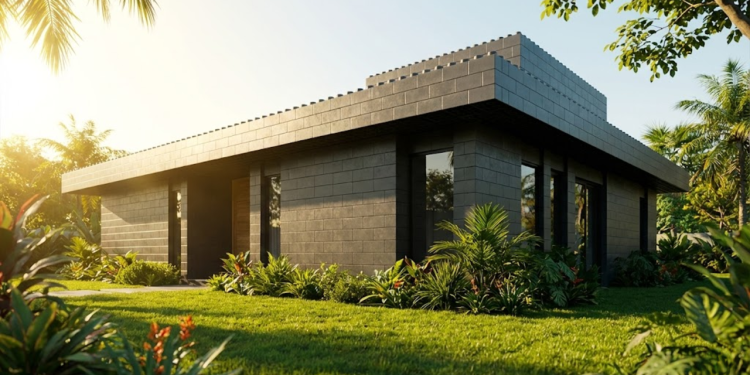 Casa moderna construída com blocos escuros de plástico reciclado estilo Lego sob luz do sol
